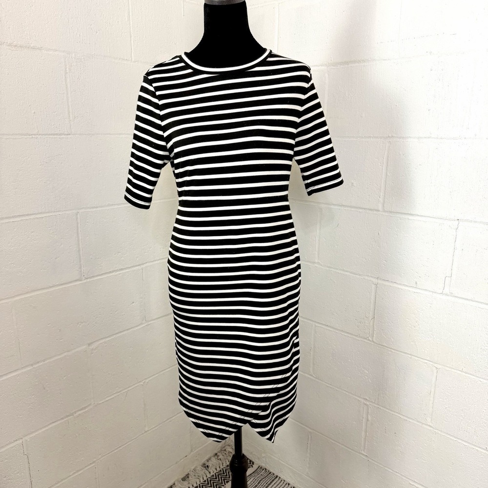 Topshop Maternity Dress SZ S Black White Stripe Pointed Split Hem Preppy Classic